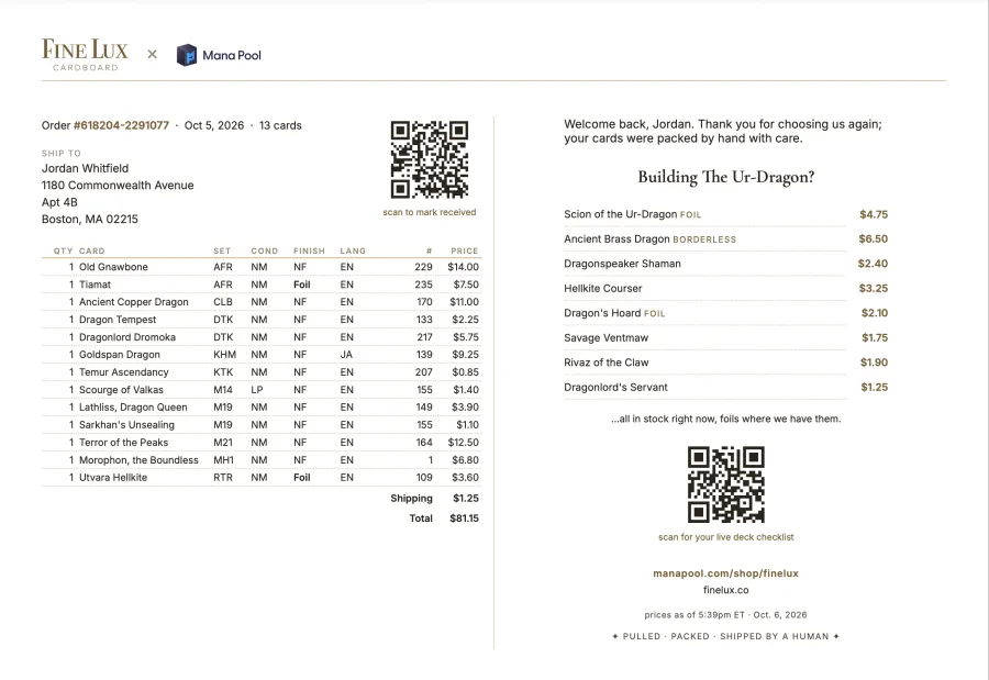 Printed packing slip with order table and deck suggestions