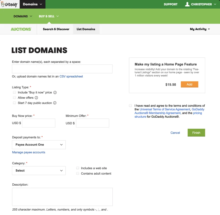 GoDaddy Auctions list domains form