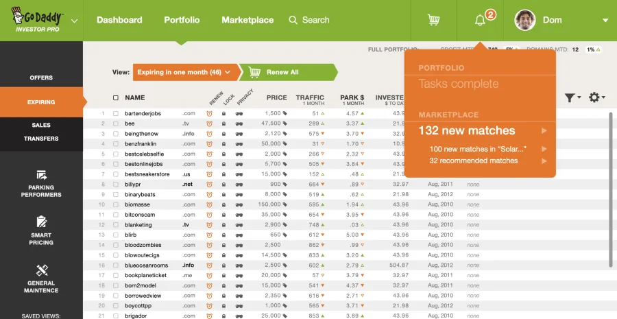 Notifications panel with marketplace matches