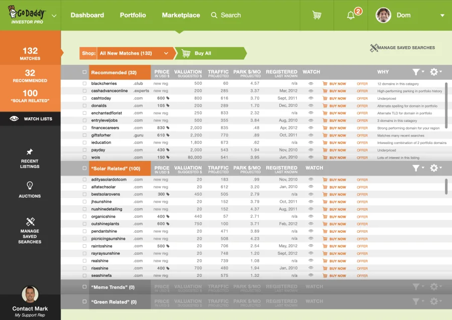 Marketplace with recommended and saved-search matches