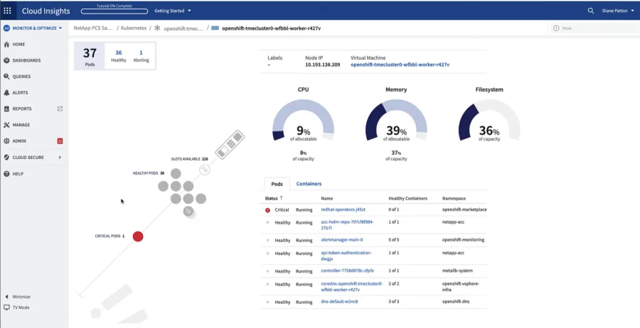 Node detail view with pod health map and container list